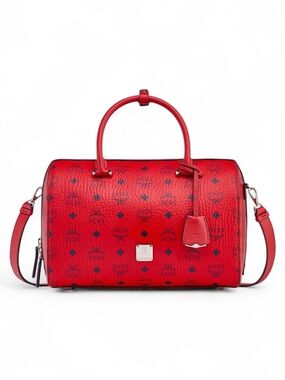 MCM Red Visetos Boston Bag - Signature Monogram Satchel